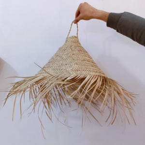 May include: A woven straw lampshade with a conical shape and a fringed edge. The lampshade is held by a woven handle at the top. The natural color of the straw gives it a rustic, bohemian aesthetic.