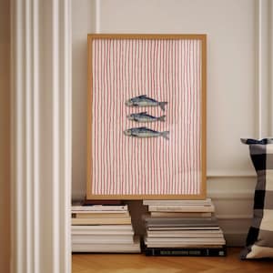 Striped sardines printable wall art displayed in a modern coastal kitchen setting