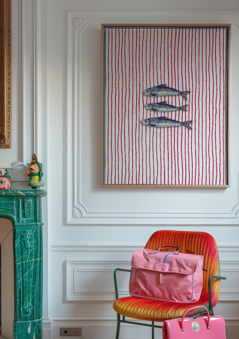 Striped sardines printable wall art displayed in a modern coastal kitchen setting