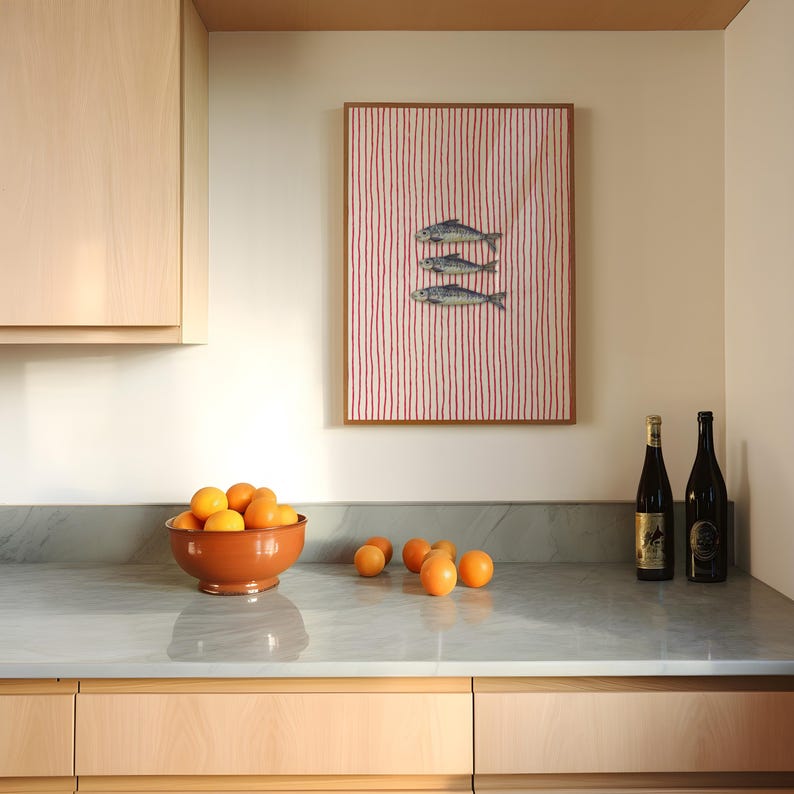 Striped sardines printable wall art displayed in a modern coastal kitchen setting