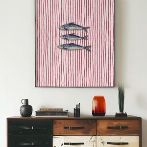 Striped sardines printable wall art displayed in a modern coastal kitchen setting