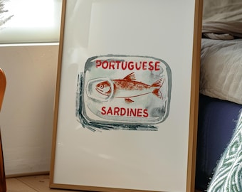 Impressão de Sardinhas Portuguesas em Lata | Arte de Parede Vintage para Cozinha | Pôster Retrô de Peixe | Decoração Costeira para Casa | Download Digital