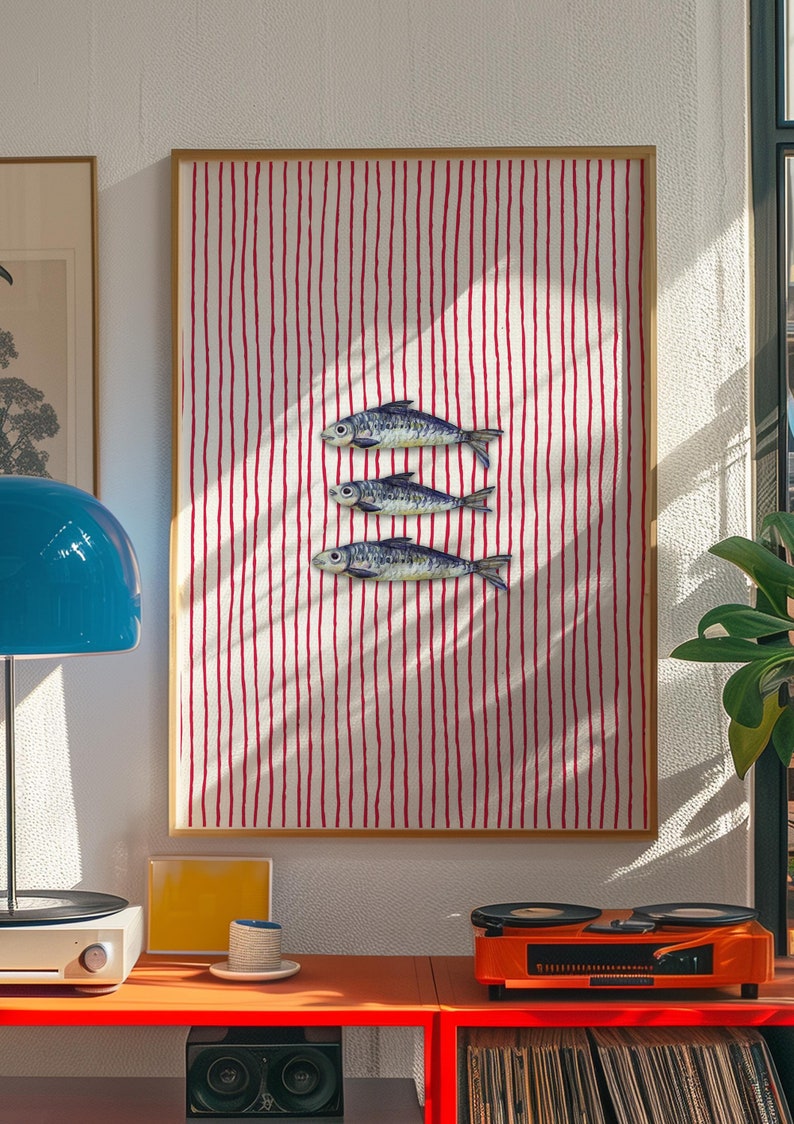 Striped sardines printable wall art displayed in a modern coastal kitchen setting