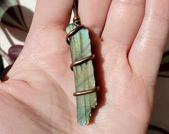 Labradorite Rainbow Crystal Pendant Wire Wrapped with Antiqued Copper