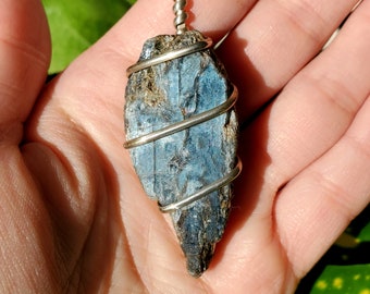 Steel Blue Kyanite Indigo Crystal Wire Wrapped with Sterling Silver Stone Pendant