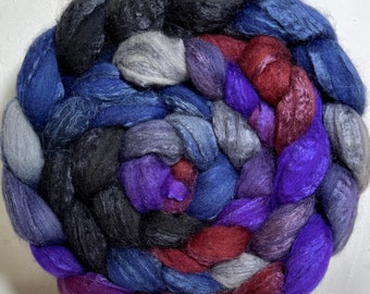 Blue Faced Leicester/Tussah Silk, Handpainted Top/Roving "Dark and Stormy Night"