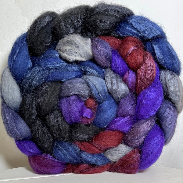 Blue Faced Leicester/Tussah Silk, Handpainted Top/Roving "Dark and Stormy Night"