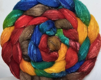 Hand Dyed Blue Face Leicester/Tussah Silk Roving, "Moroccan Spice"