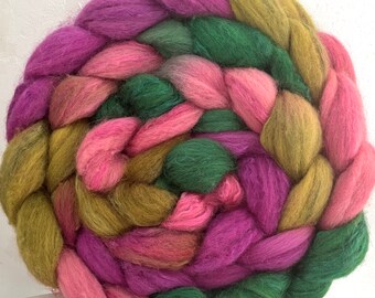 Handpainted Blue Face Leicester, Tussah Silk Roving, "Rose Garden"