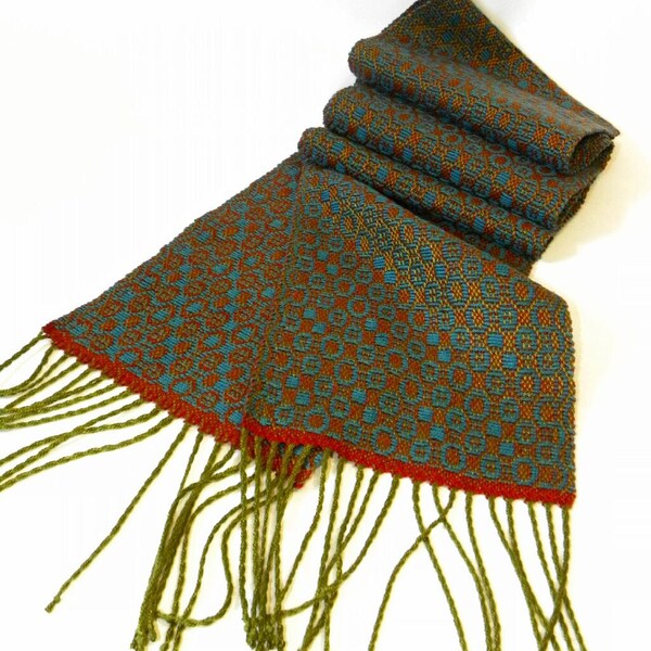 Handwoven Scarf  - Shimmering Tencel, Cotton, Turquoise, Spice, and Olive Green by Frederick Avenue