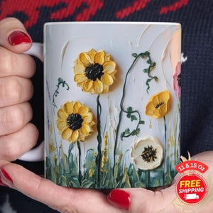 Handgemalte Sonnenblume Tasse 3D Strukturierte Blumen Kaffeetasse, Botanisches Geschenk für Gartenliebhaber, Tee und Latte Tasse, Sonnenblume Tasse, Blumenkaffeetasse