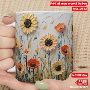 Sun Flower Handgemalt, Boho Blumen Becher Wildblumen Handgemalte Kaffeetasse, Wildblumen Becher, Geschenk Boho Blumen Becher, Garten-Liebhaber-Geschenk