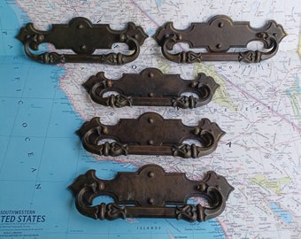 SALE! 5 wide vintage ornate brass/metal pull handles