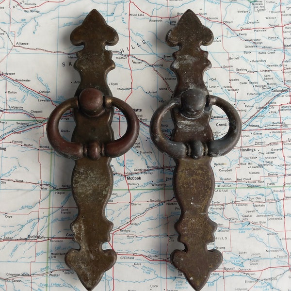 SALE! 2 vintage brass-metal round pull handles w/ attached backplates