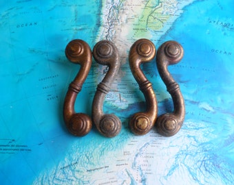 SALE! 4 vintage curvy distressed brass/metal pulls