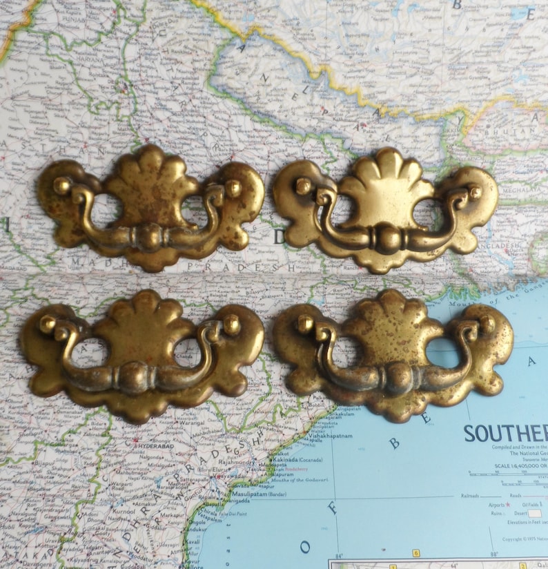 VINTAGE AMEROCK ANTIQUE BRASS DRAWER HANDLES Chippendale design 3/" CENTERS