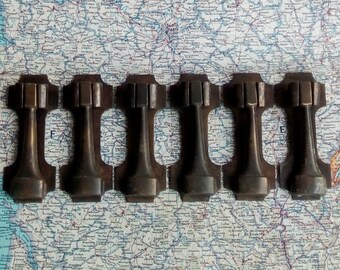 SALE! 6 vintage distressed brass pull handles w/ metal trimplates