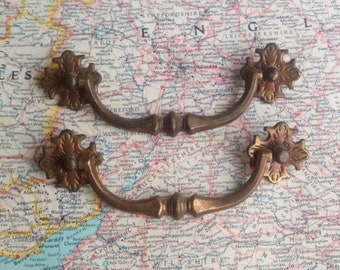 SALE! 2 vintage curvy brass-metal bail pull handles w/ fancy rosettes