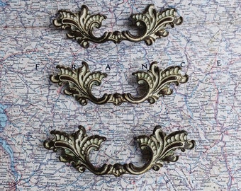 SALE!  3 mid century ornate brass-metal French Provincial handles