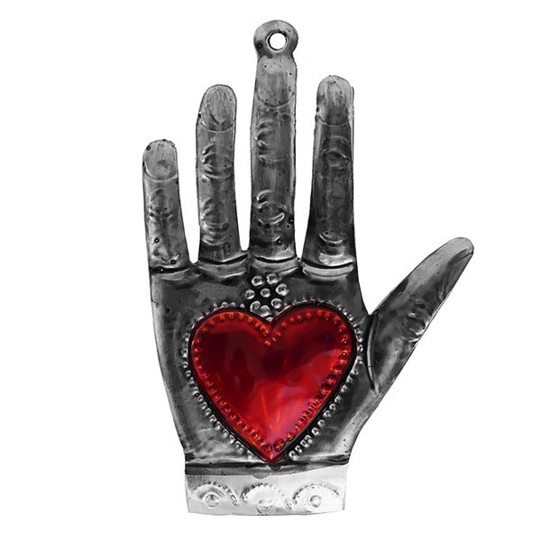 Punched Tin Sacred Milagro Heart in Hand Hamsa Ornament, 5.5” Mexican Folk Art Heart within a Hand