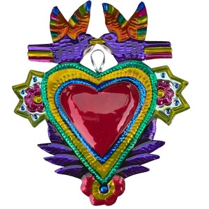 Hand-Punched Tin Ornament Heart Milagro w Doves, Love Birds Mexican Folk Art, Valentine's Day