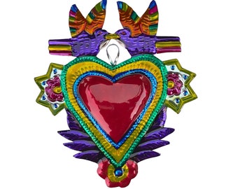 Hand-Punched Tin Ornament Heart Milagro w Doves, Love Birds Mexican Folk Art, Valentine's Day