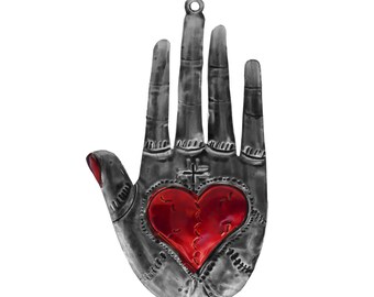 Tin Milagro Heart in Left Hand Ex Voto Ornament Protection Spiritual Tin Mexico Shaman Healing Power /& Protection Given Freely Altered Art
