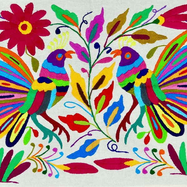 Embroidered Otomi Wallhanging | Tenango Mexican Folk Art | 17" wide x 13" high | Birds & Flowers