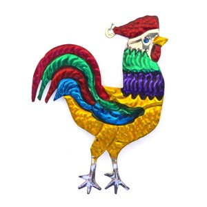 Enfeite de lata perfurado à mão | Galo, pássaro, animal de fazenda | Enfeite de Natal colorido de arte popular mexicana