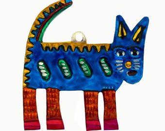 Hand-Punched Tin Ornament | cat gato | Colorful Mexican Folk Art