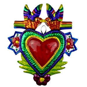 Hand-Punched Tin Ornament Heart Milagro w Doves, Love Birds Mexican Folk Art, Valentine&#39;s Day