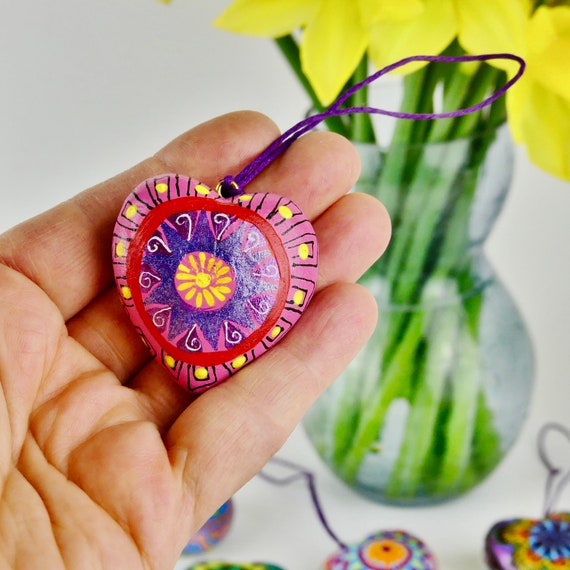 4 Zapotec Hand Painted Blue Wood Heart Ornaments, 'Blue Zapotec Heart