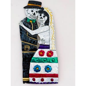 Le jour des morts, le marié et le marié, 23 cm de diamètre, décoration en étain perforée à la main, art folklorique mexicain, dia de los muertos
