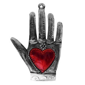 Geperforeerd tinnen heilig Milagro-hart in hand hamsa-ornament, 5,5" Mexicaanse volkskunst, hart binnen handbereik