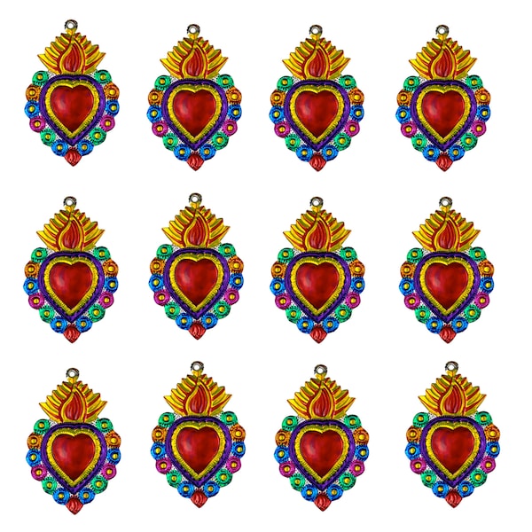 12 Sacred Burning Heart Milagro Ex Voto Ornaments | Wholesale Lot | Colorful Mexican Folk Art