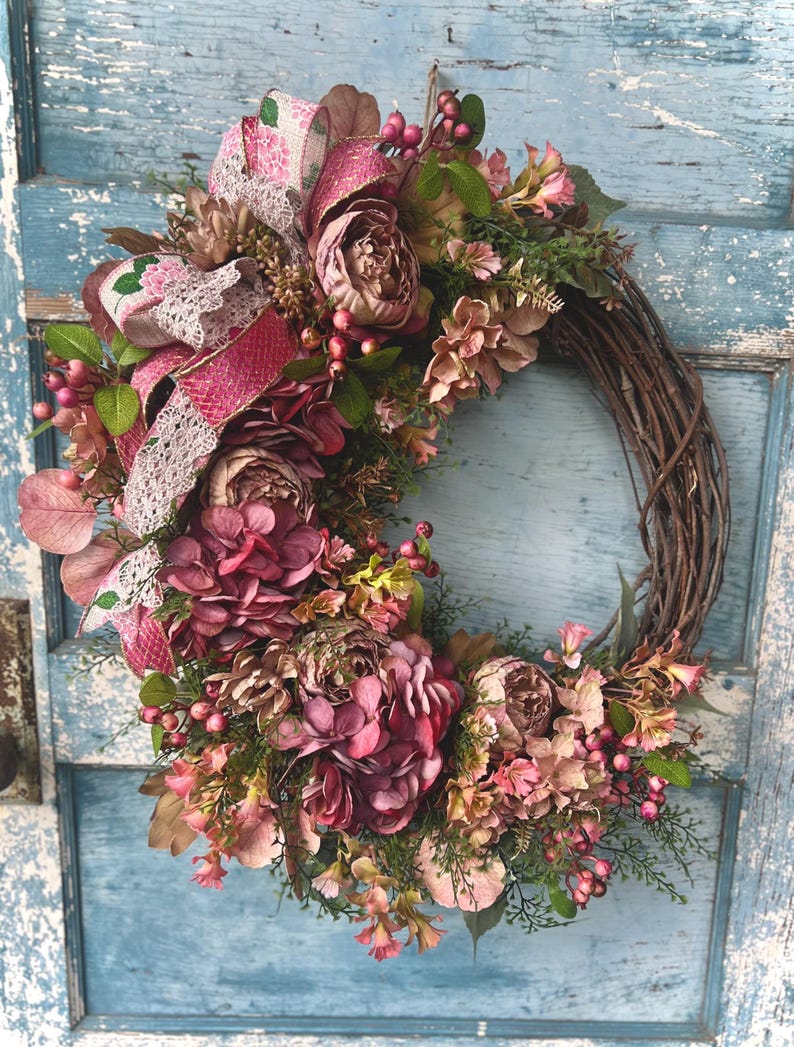 Late Summer/Early Fall “Pinks” Dried Peonies and Hydrangea Wreath, 25”x21”x8” Pinks and Naturals Hydrangea and Peony Patch Wreath image 1