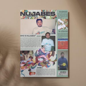 Puede incluir: Un póster con el título "NUJABES" en letras grandes, con texto japonés debajo. El póster incluye imágenes de un hombre, obras de arte abstractas y bloques de texto. El diseño tiene una estética vintage.