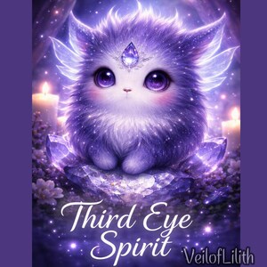 Puede incluir: Ilustración digital de una criatura morada y esponjosa con grandes ojos morados, una gema en la frente y pequeñas alas. El texto "Third Eye Spirit" se muestra en escritura blanca. El fondo presenta velas y cristales.