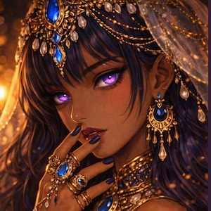 May include: An illustration of a person with dark skin, purple eyes, and dark hair. They are adorned with gold jewelry featuring blue gemstones, including a headpiece, earrings, rings, and a hand chain. The person is wearing a gold and blue embellished top.