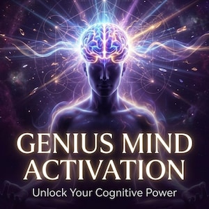 Puede incluir: Ilustración digital de una figura humana con un cerebro brillante, irradiando energía. El texto "GENIUS MIND ACTIVATION" y "Unlock Your Cognitive Power" se muestra en una fuente estilizada, sobre un fondo cósmico.