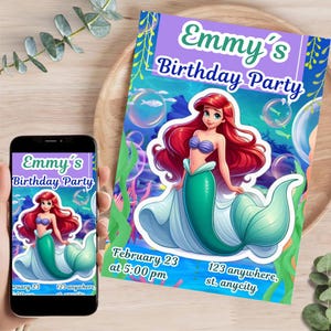 Invitation d'anniversaire modifiable de la Petite Sirène Ariel