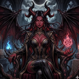 May include: Digital art of a demonic figure with red skin, horns, and wings, seated on a throne. The figure wears a black and gold outfit and holds a glowing orb. A blue flame and a full moon are in the background.