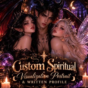 Op de afbeelding: Een digitale illustratie met drie fantasiefiguren met puntige oren, donkere vleugels en versierde kronen. De tekst luidt Custom Spiritual Visualization Portrait & WRITTEN PROFILE. De scène bevat brandende kaarsen, een kristallen bol en paarse kristallen.