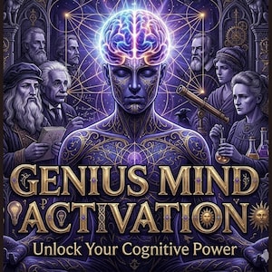 Può includere: Immagine di arte digitale con un tema viola e oro. Presenta una figura centrale con un cervello luminoso, circondata da figure storiche. Il testo recita "GENIUS MIND ACTIVATION" e "Unlock Your Cognitive Power".