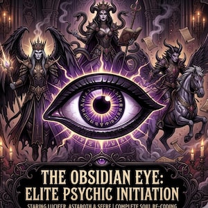 Può includere: Illustrazione a tema fantasy oscuro. Presenta un grande occhio con iride viola, circondato da figure in armature scure e corone. Il testo "THE OBSIDIAN EYE: ELITE PSYCHIC INITIATION" è visualizzato in basso.