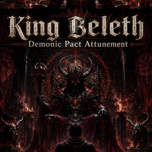 Puede incluir: Una ilustración de fantasía oscura con el texto King Beleth Demonic Pact Attunement. Una figura con cuernos en armadura roja y negra sentada en un trono, sosteniendo un báculo con un orbe rojo, flanqueada por dos criaturas con cuernos en una sala roja.