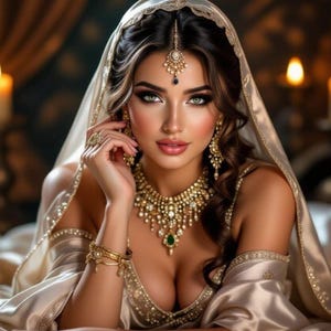 Puede incluir: Una mujer con un conjunto nupcial indio tradicional dorado. El atuendo incluye un tocado, collar, pendientes y pulseras. Las joyas están adornadas con piedras preciosas. La mujer está envuelta en un velo transparente y una prenda satinada.