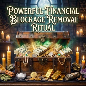 Puede incluir: Un cofre de madera abierto rebosante de fajos de billetes de dólar, monedas de oro y lingotes de oro. El texto "POWERFUL FINANCIAL BLOCKAGE REMOVAL RITUAL" se muestra encima del cofre. Velas encendidas y objetos rituales rodean el cofre.