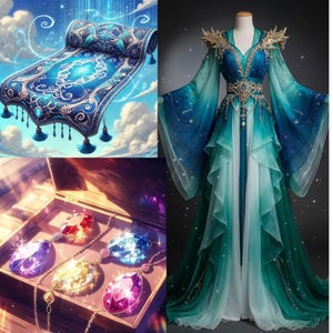 Può includere: Immagine a tema fantasy con un tappeto volante, un abito gioiello e uno scrigno del tesoro con gemme. Il tappeto è blu con motivi e nappe intricati. L'abito è verde acqua e verde con dettagli dorati. Lo scrigno contiene gioielli colorati.