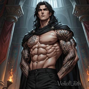 Puede incluir: Ilustración digital de una figura musculosa con cabello negro largo y tatuajes intrincados en brazos y pecho. La figura lleva una capa y pantalones negros, ambientada en un interior gótico.